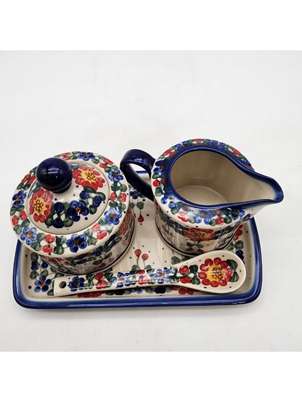 Vintage Boleslawiec Unikat Polish Pottery Cream & Sugar Set With Tray & Spoon